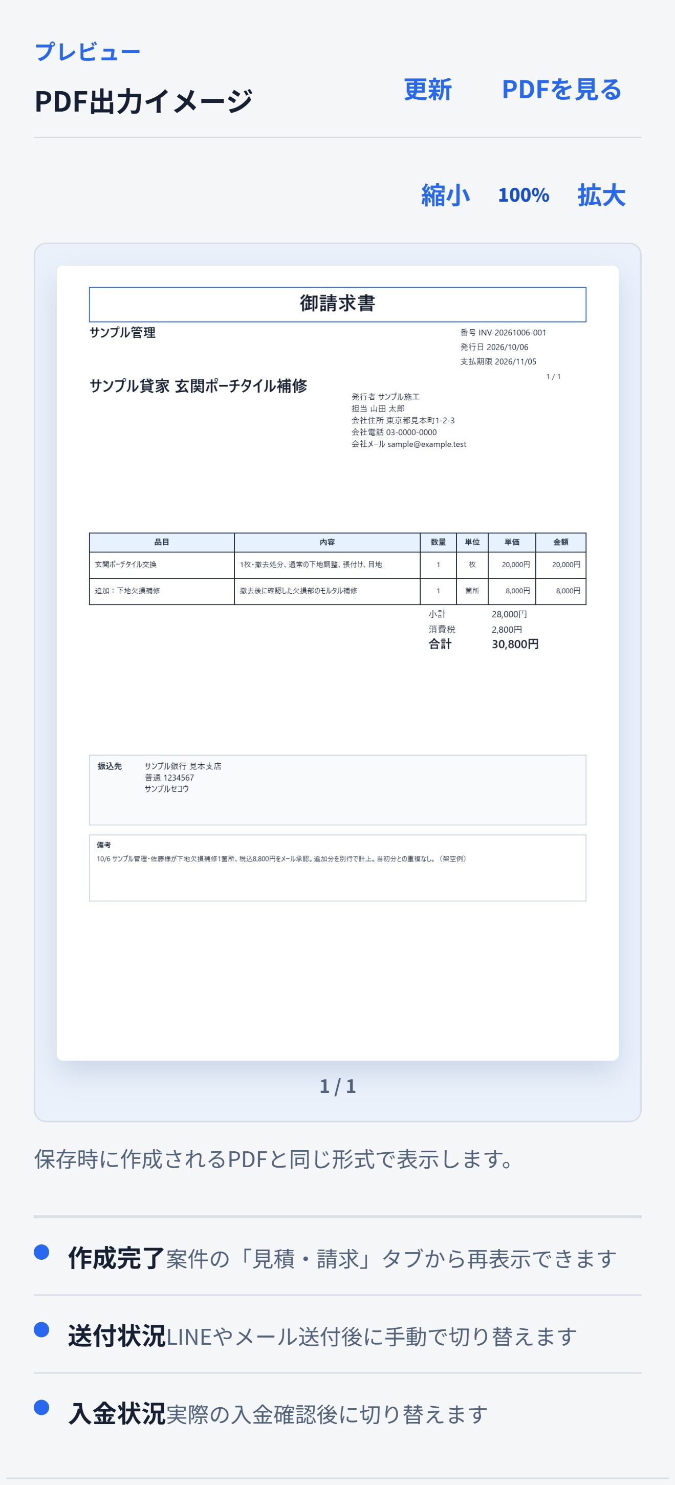 即レポートが実際に生成した請求書PDF。当初分と追加分の2明細、消費税、合計30,800円を掲載