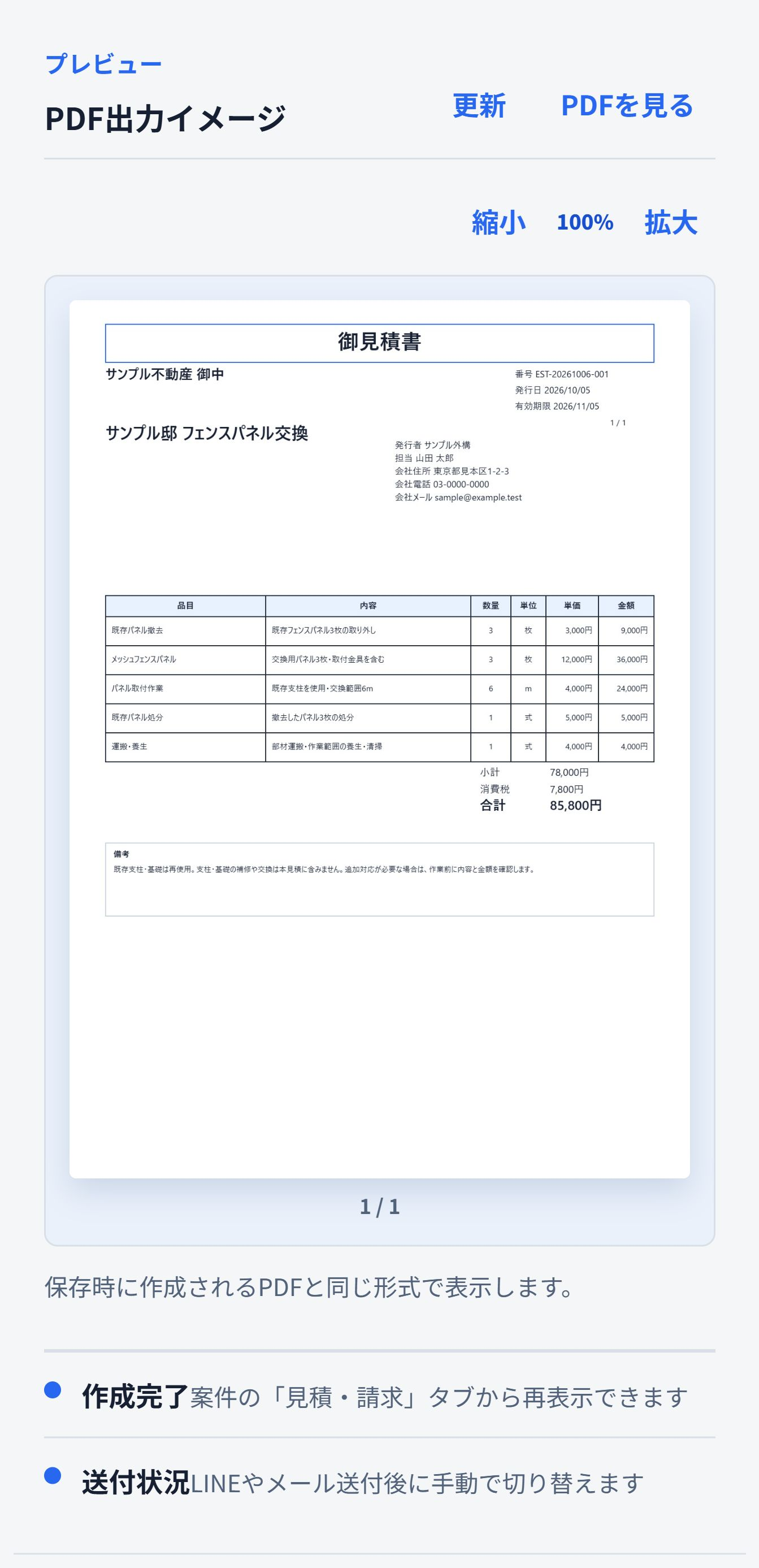 見積書PDFプレビューの実画面。明細・合計・備考を確認してから、作成を完了します。 フェンスパネル交換の五つの明細と備考、合計85,800円を表示した即レポートの見積書PDFプレビュー