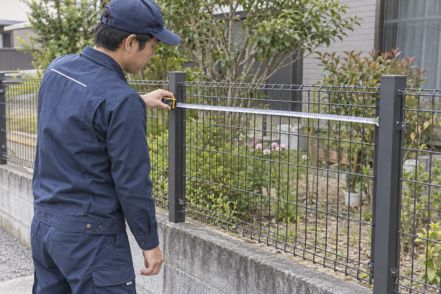 写真に加えて、寸法と数量も確認します。場面写真は生成画像で、本文の6mという数量を示した実測写真ではありません。 フェンスの支柱間をメジャーで確認する職人