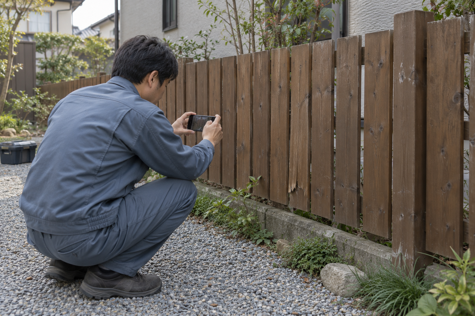 工事を始める前に木製フェンスの状態をスマートフォンで記録する職人