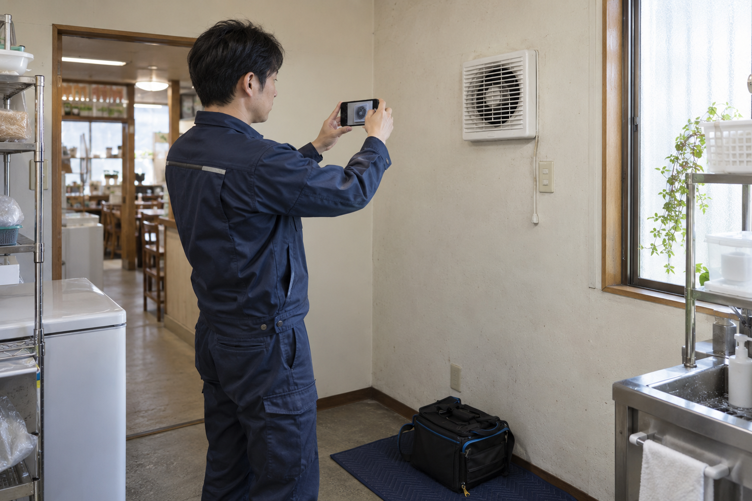 換気設備の記録を残す場面。この記事の現場写真は、説明用に生成したイメージです。 換気設備の状態をスマートフォンで撮影する設備工事の担当者