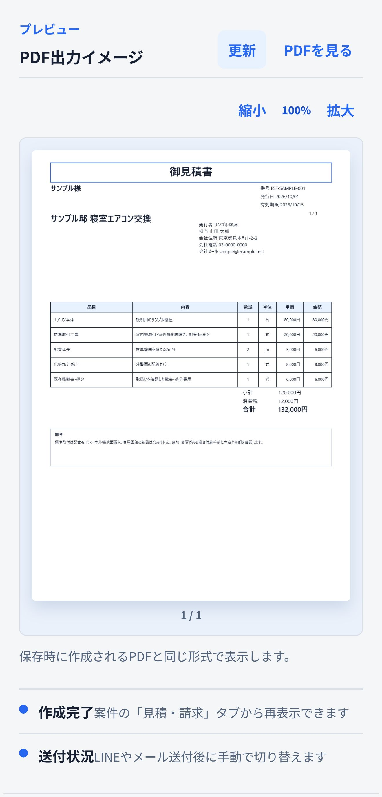 当初見積の出力例。小計120,000円、消費税12,000円、合計132,000円。標準取付の範囲は備考に記載しています。 即レポートでエアコン交換の見積書PDFを確認する実際の画面