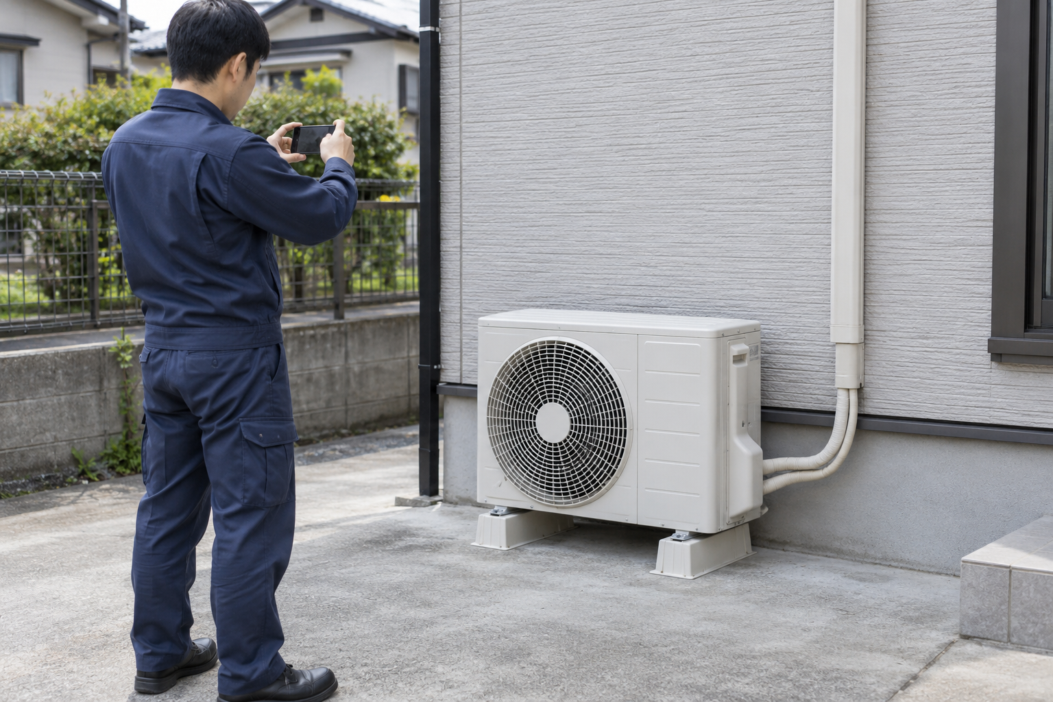 工事後の写真を残す場面の生成イメージです。 設置後の室外機をスマートフォンで撮影する空調工事の担当者