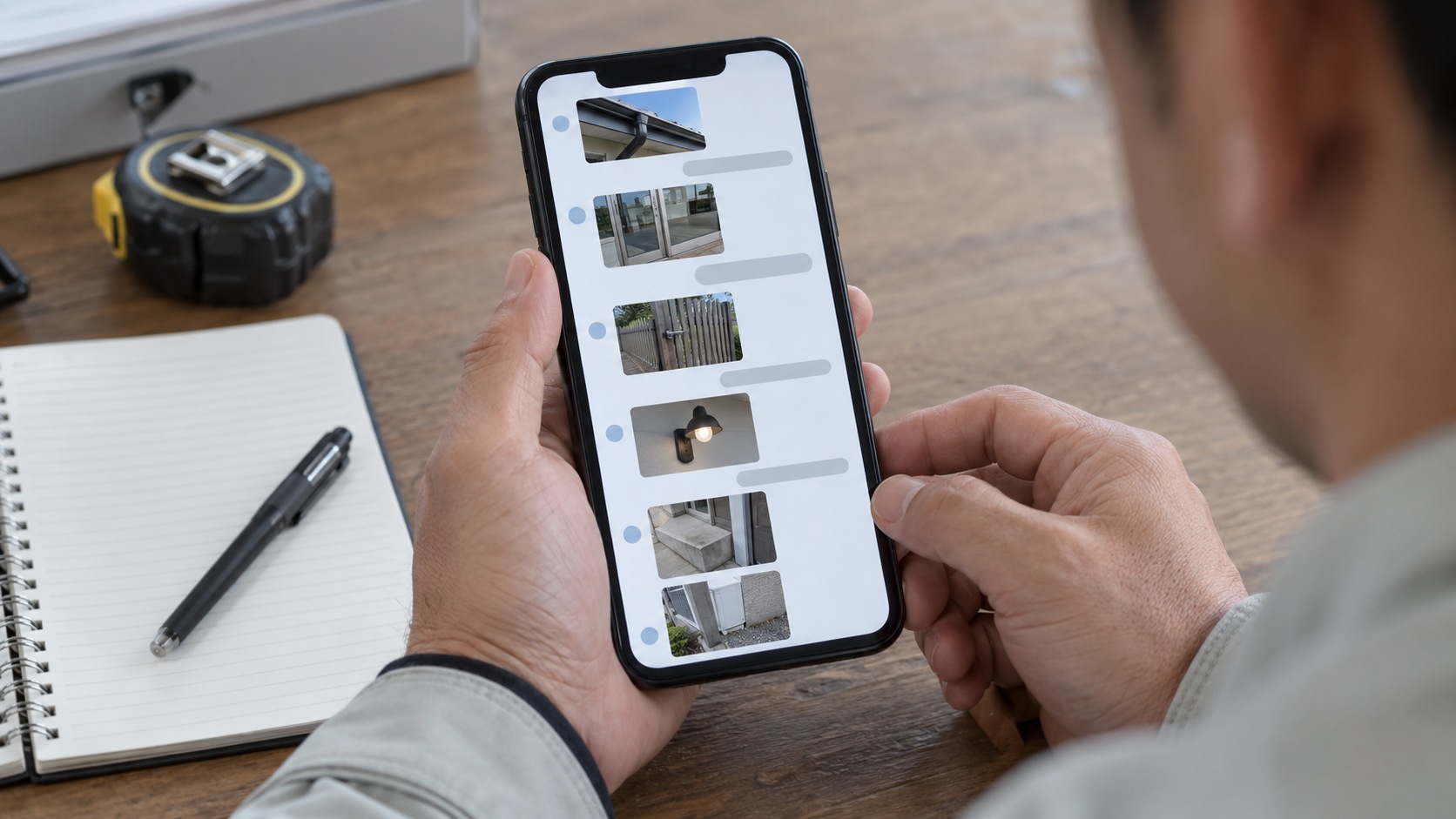 複数の修繕現場の写真が一つの会話に並んでいるスマートフォンのイメージ