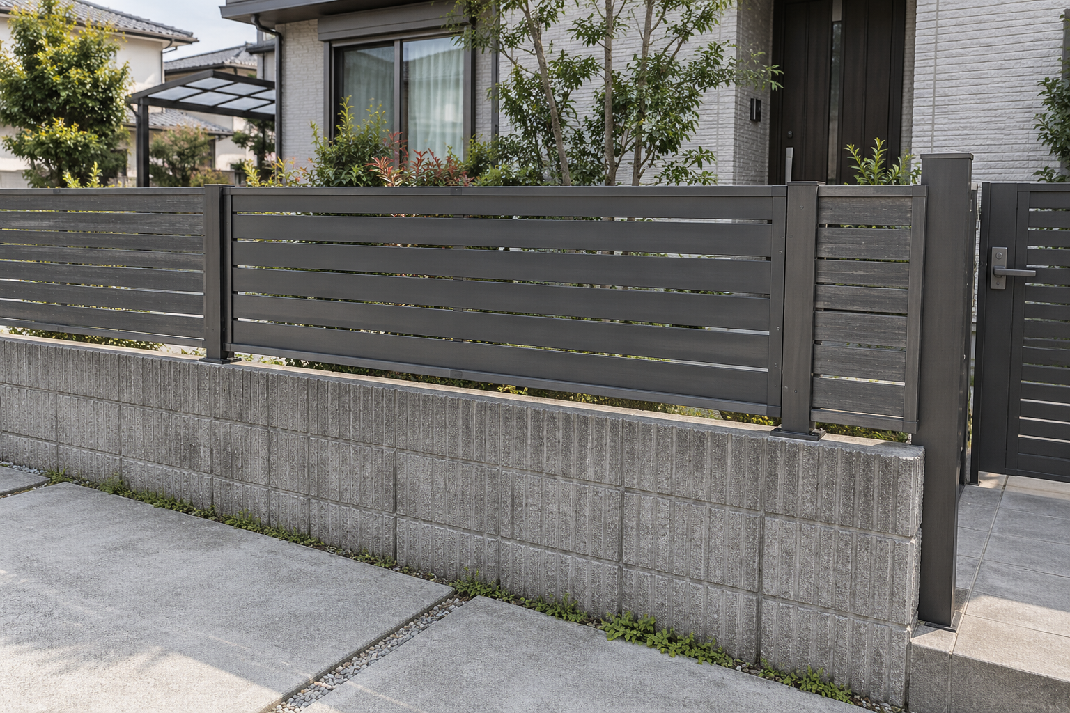 既存支柱を使って1区間を交換した住宅のアルミフェンスの完成イメージ