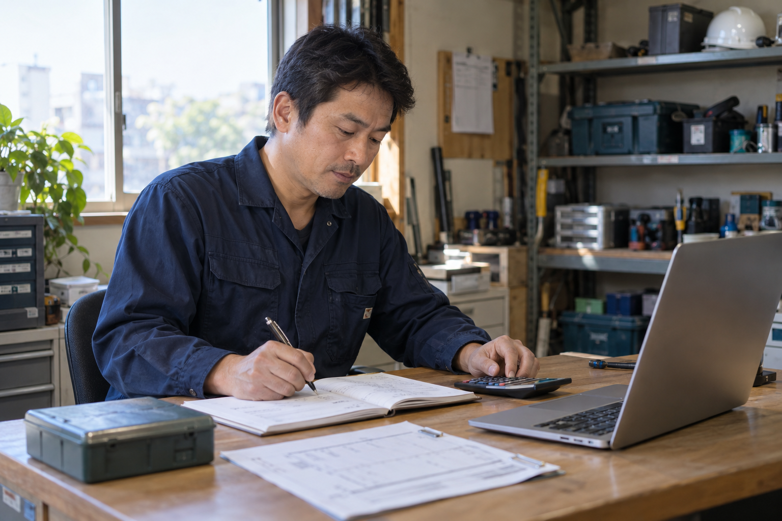 工事後に材料の明細と作業メモを確認する担当者