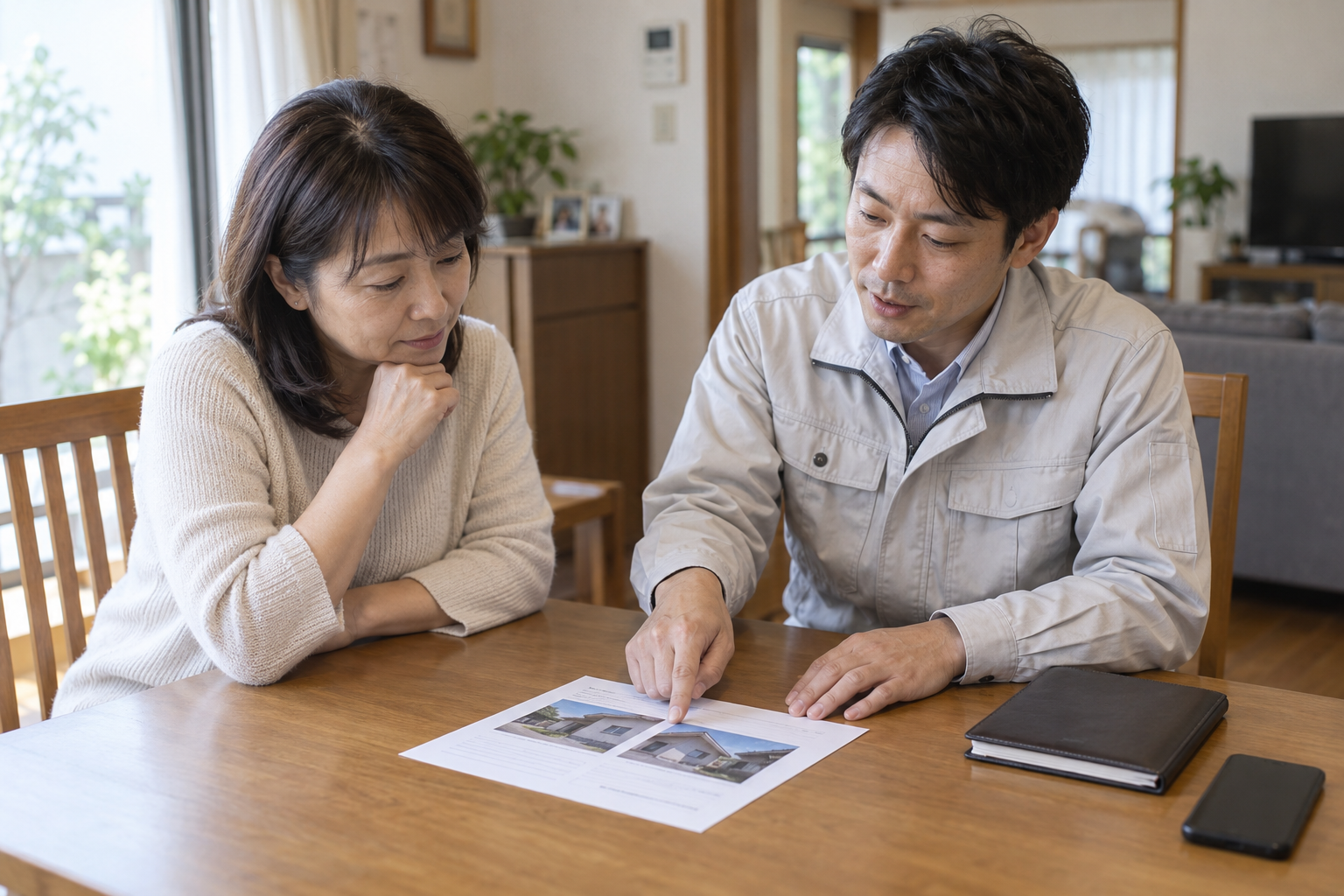 写真付き報告書を見ながら、施工内容を施主へ説明する職人のイメージ