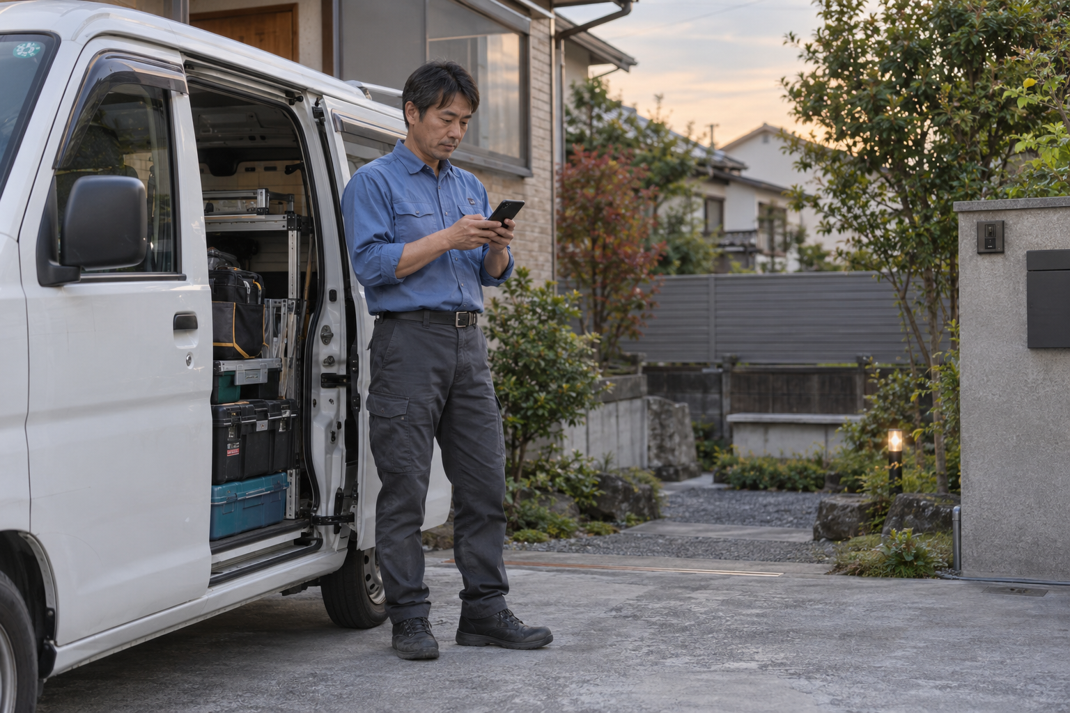 道具を片付けてから、停車中に記録を確認。長い文章より、今日の仕事が分かるひと言を残す。 停車した作業車のそばで、スマートフォンの記録を確認する職人