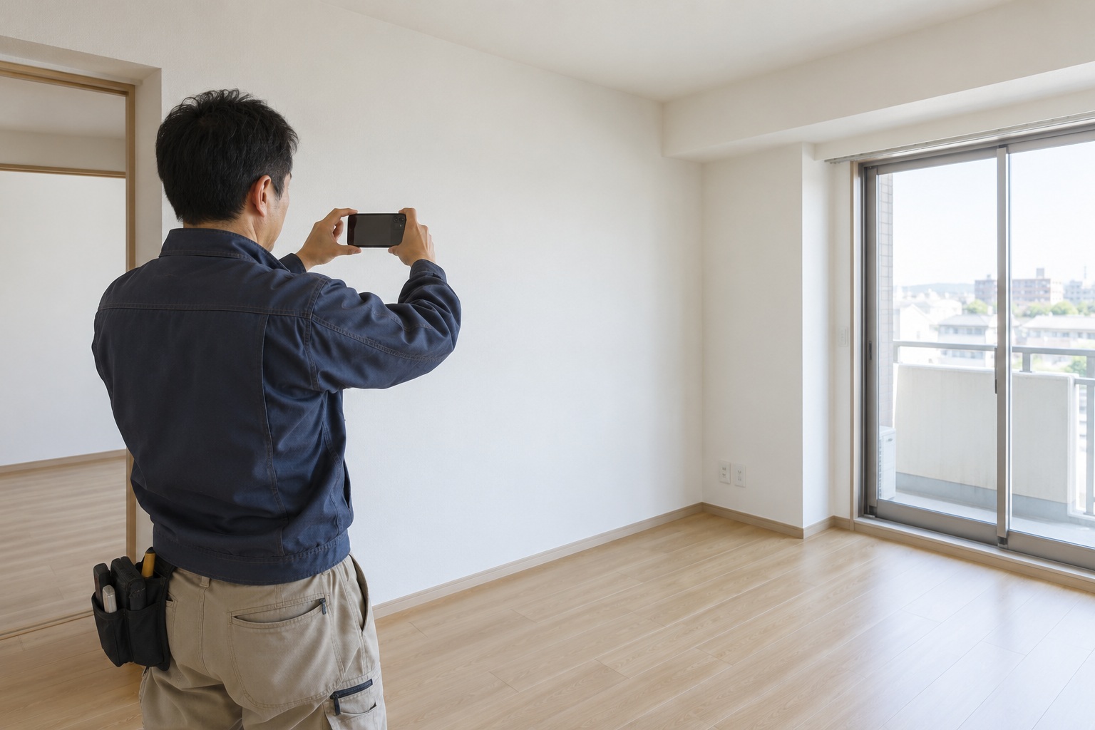 室内の仕上がりをスマートフォンで撮影する職人のイメージ